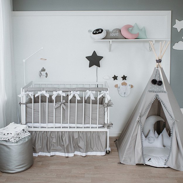 Grey Cotton Baby Bumper With Bows