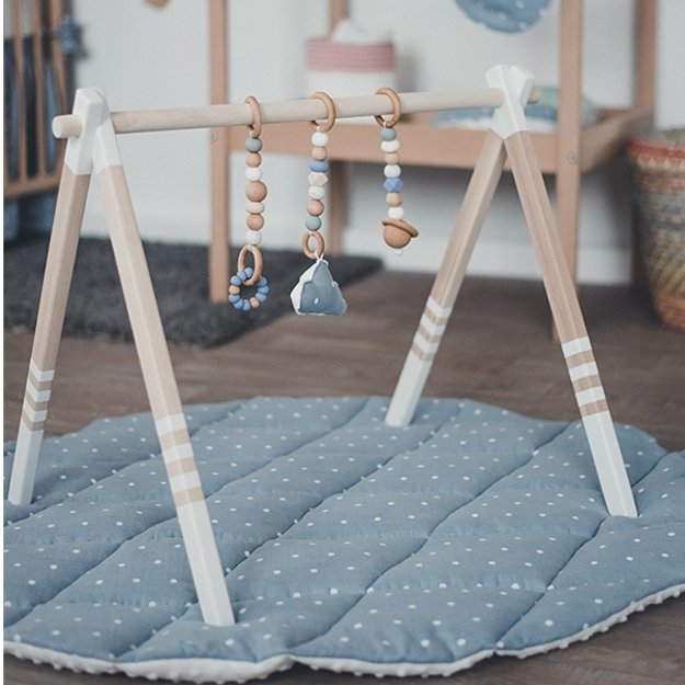 GYM, TOYS & MAT - Wooden Baby Play Gym, Linen (flax) Blue Play Mat, Silicon Toys
