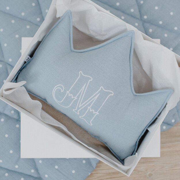 Blue linen (flax) personalized crown pillow