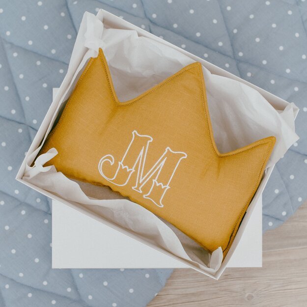 Mustard linen (flax) personalized crown pillow