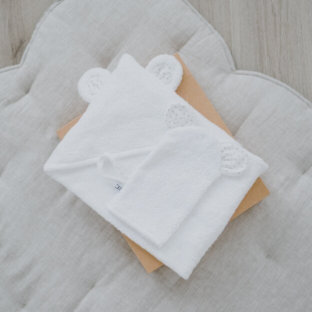 White Hooded Towel and Mitten Set