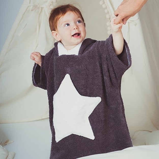 Soft hooded poncho bathrobe - dark grey STAR pocket for toddler
