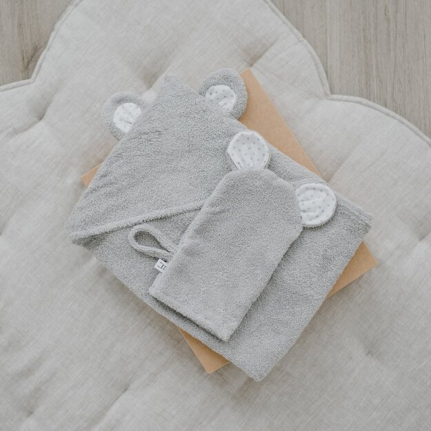 Grey Hooded Towel and Mitten Set